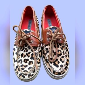 Sperry Top-Sliders Leopard Cheetah Print Cowhide Hair Boat Shoes Sz 6.5